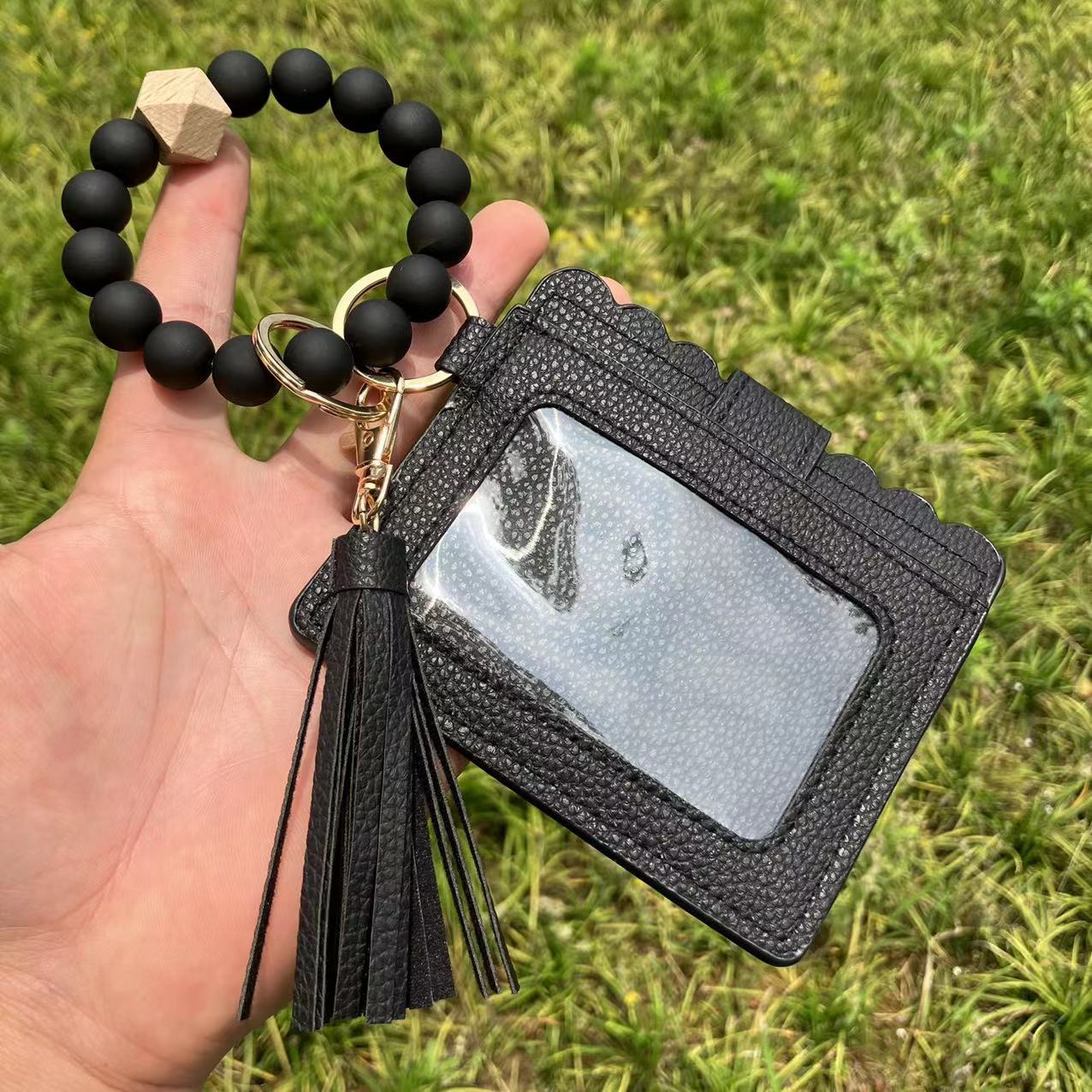 Wholesale Card Holder Pu Tassel Beads Bracelet Wallet Keychain